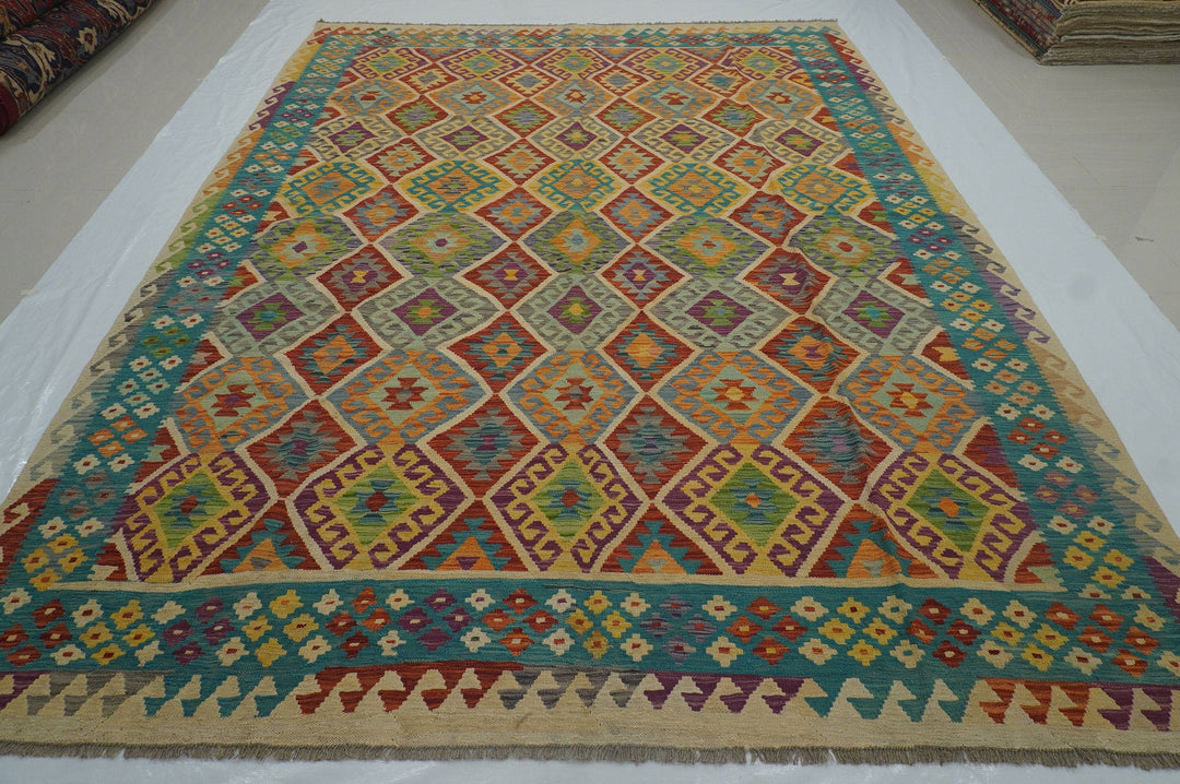8'6x11'0 Beige Afghan Hand Woven Veg dyes Wool Bohemian Kilim Area Rug - Yildiz Rugs