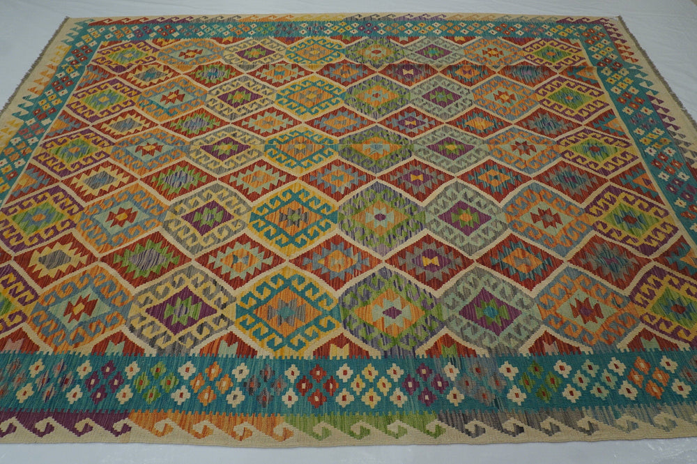 8'6x11'0 Beige Afghan Hand Woven Veg dyes Wool Bohemian Kilim Area Rug - Yildiz Rugs