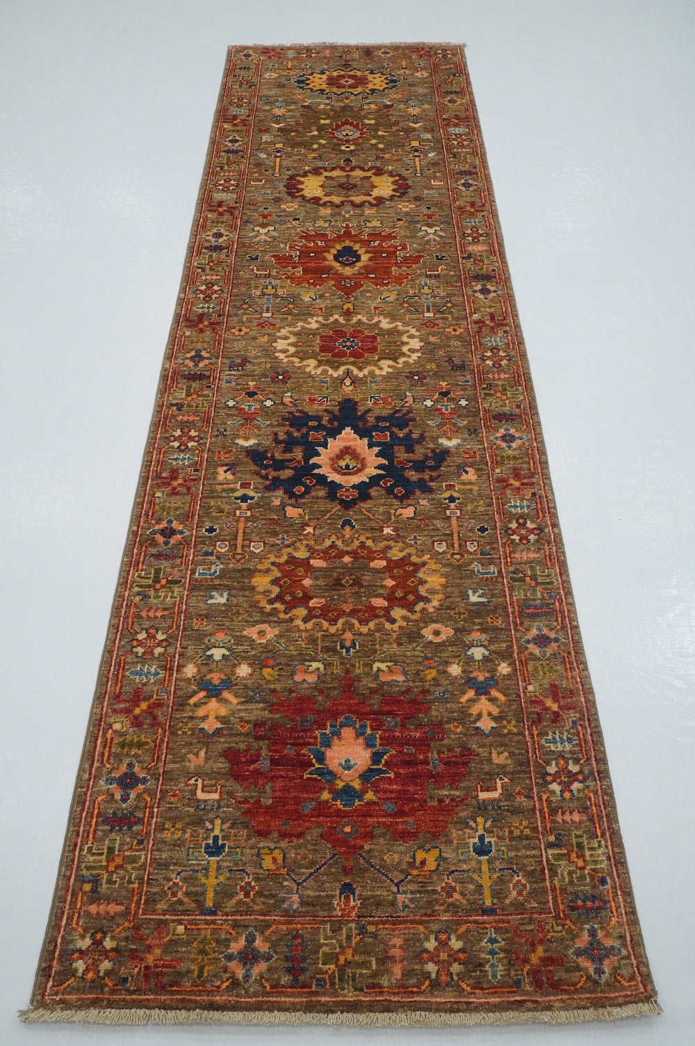 10 ft Bidjar Brown Beige Afghan Hand knotted Oriental Runner Rug - Yildiz Rugs