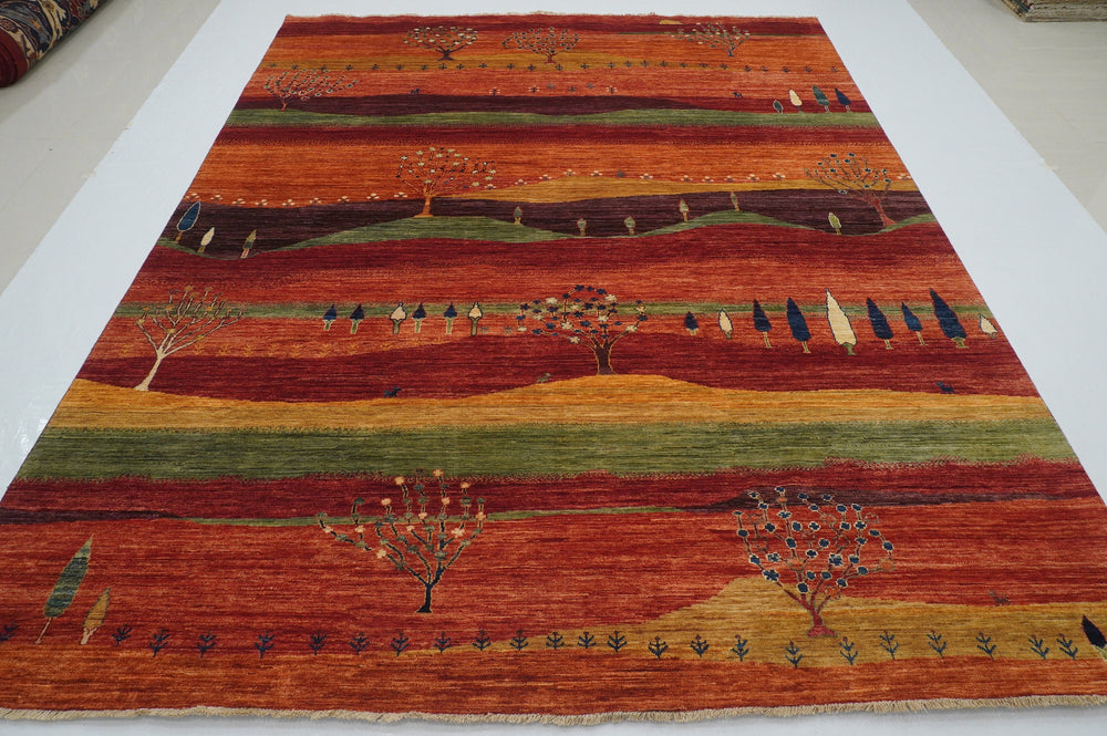 8x10 Gabbeh Rusty Red Orange Tribal Landscape Afghan Rug - Yildiz Rugs