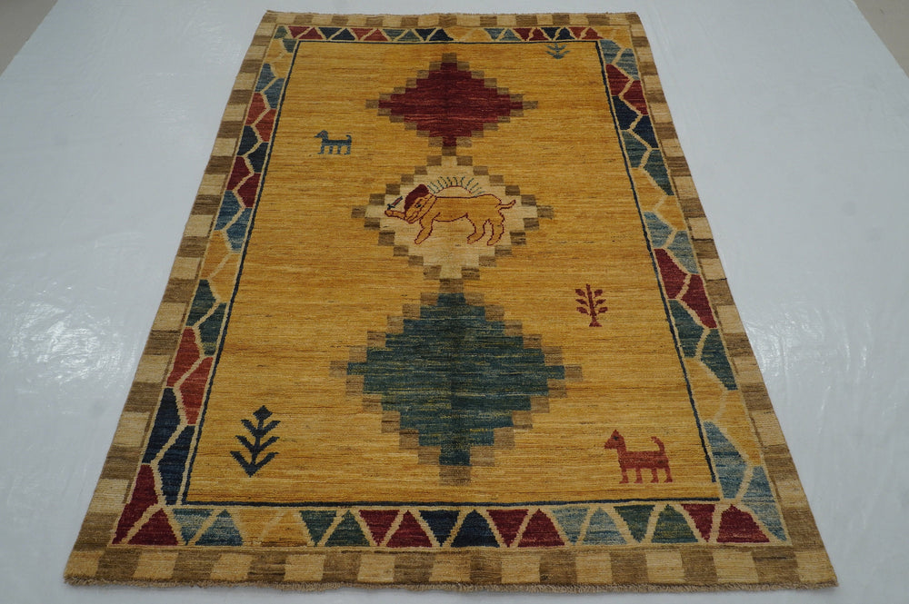 5x7 Tribal Gabbeh Muted Gold Afghan Hand knotted Rug - Yildiz Rugs