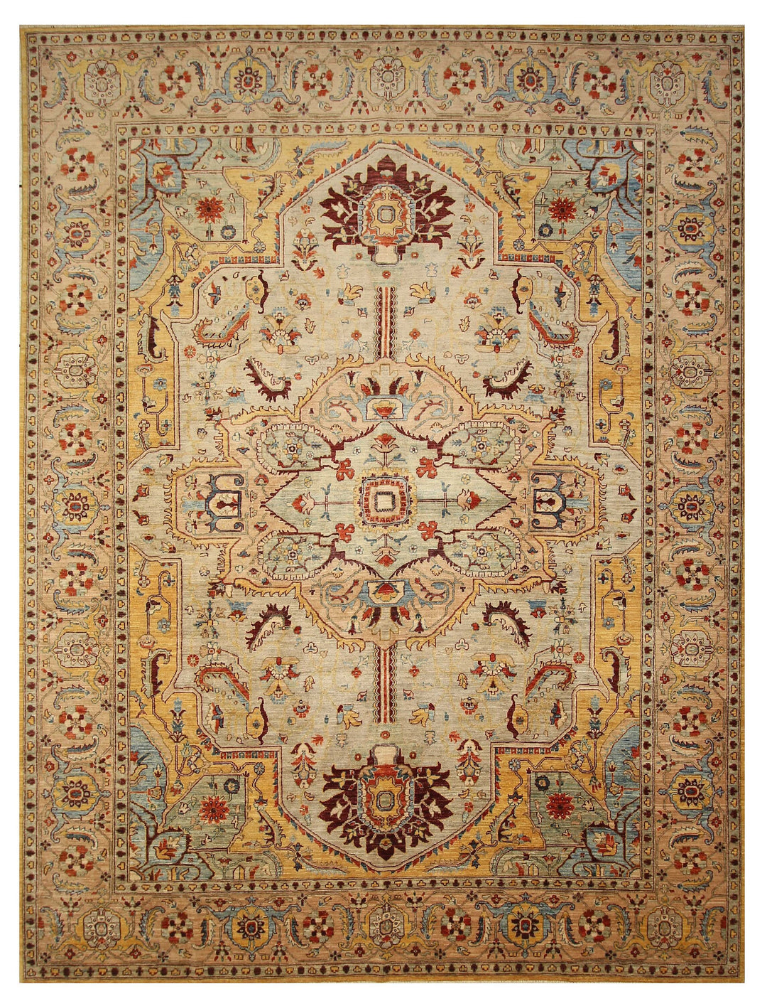 9x12 Serapi Brown Gray Gold Afghan Hand Knotted Medallion Area Rug - Yildiz Rugs