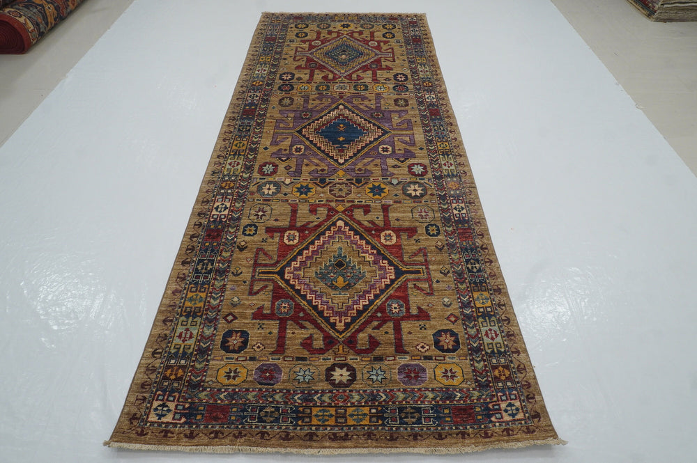 4x10 Kazak Taupe Gray Afghan Hand knotted Wide Runner Rug - Yildiz Rugs