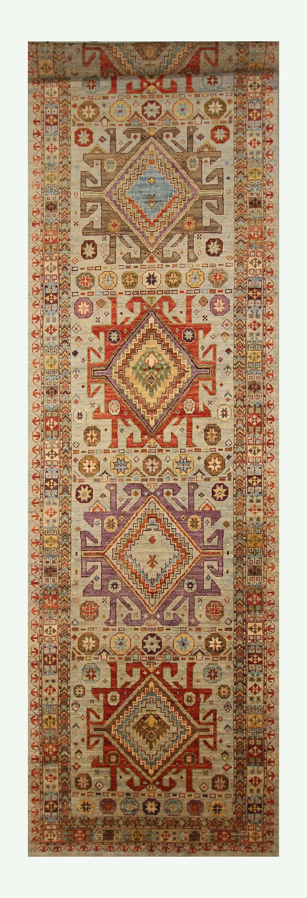 4x15 Gray Wide Eagle Kazak Afghan Hand knotted wide Long runner rug - Yildiz Rugs