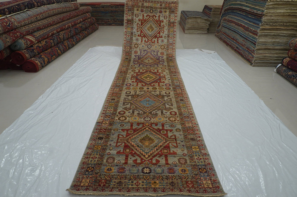 4x15 Gray Wide Eagle Kazak Afghan Hand knotted wide Long runner rug - Yildiz Rugs
