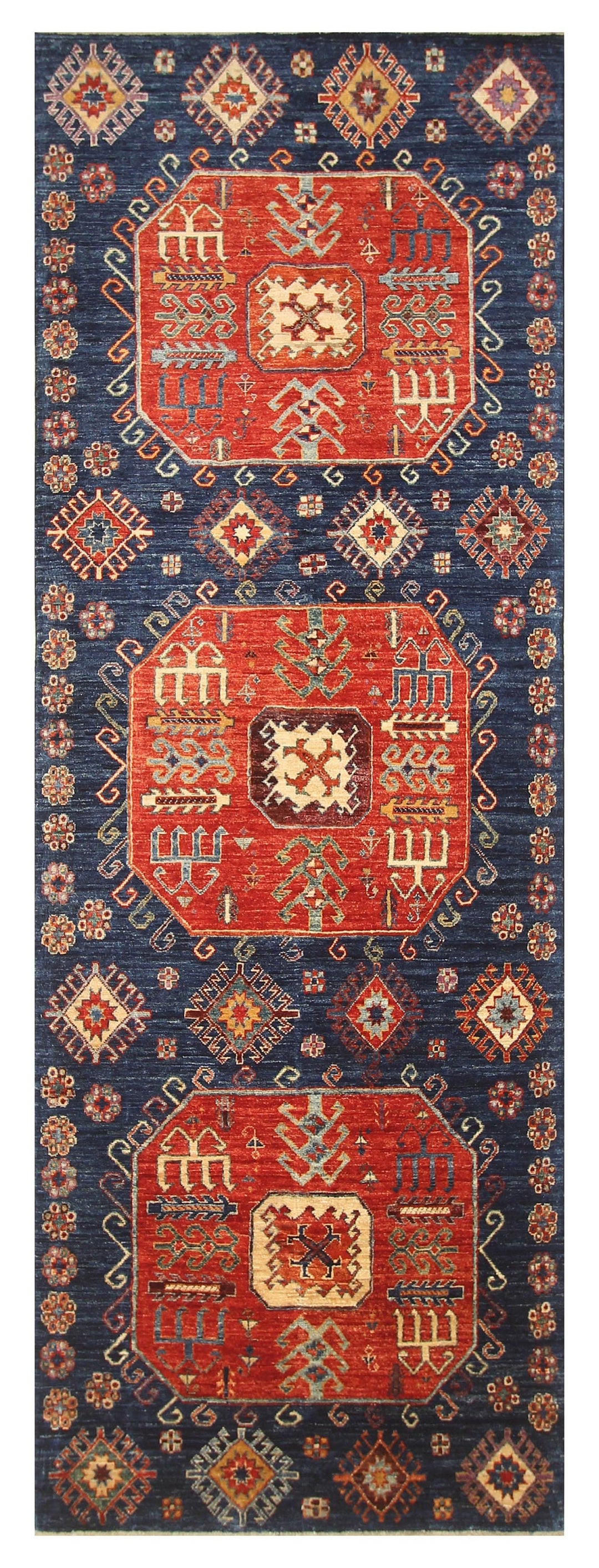 4x11 Navy Blue Kazak Tribal Afghan Hand knotted wide runner rug - Yildiz Rugs