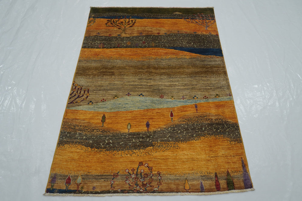 3x5 Gabbeh Gray Orange Afghan Hand knotted Tribal Landscape Rug - Yildiz Rugs