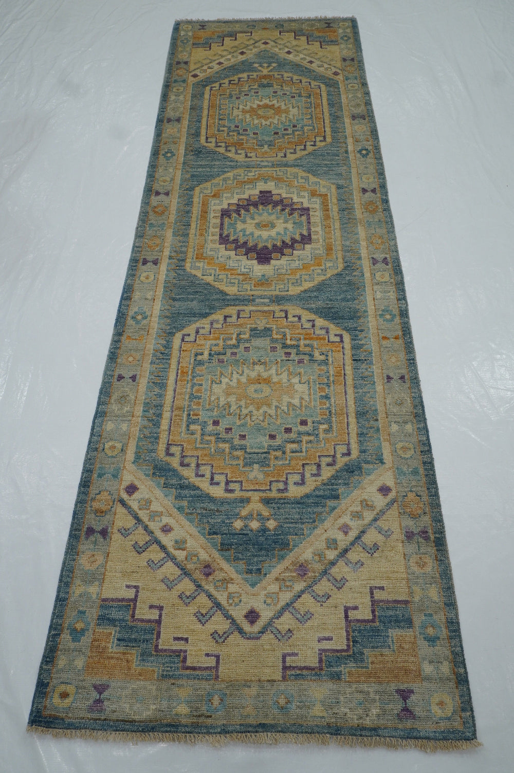 10 ft Muted Blue Oushak Hand knotted Wool Turkish Runner Rug - Yildiz Rugs