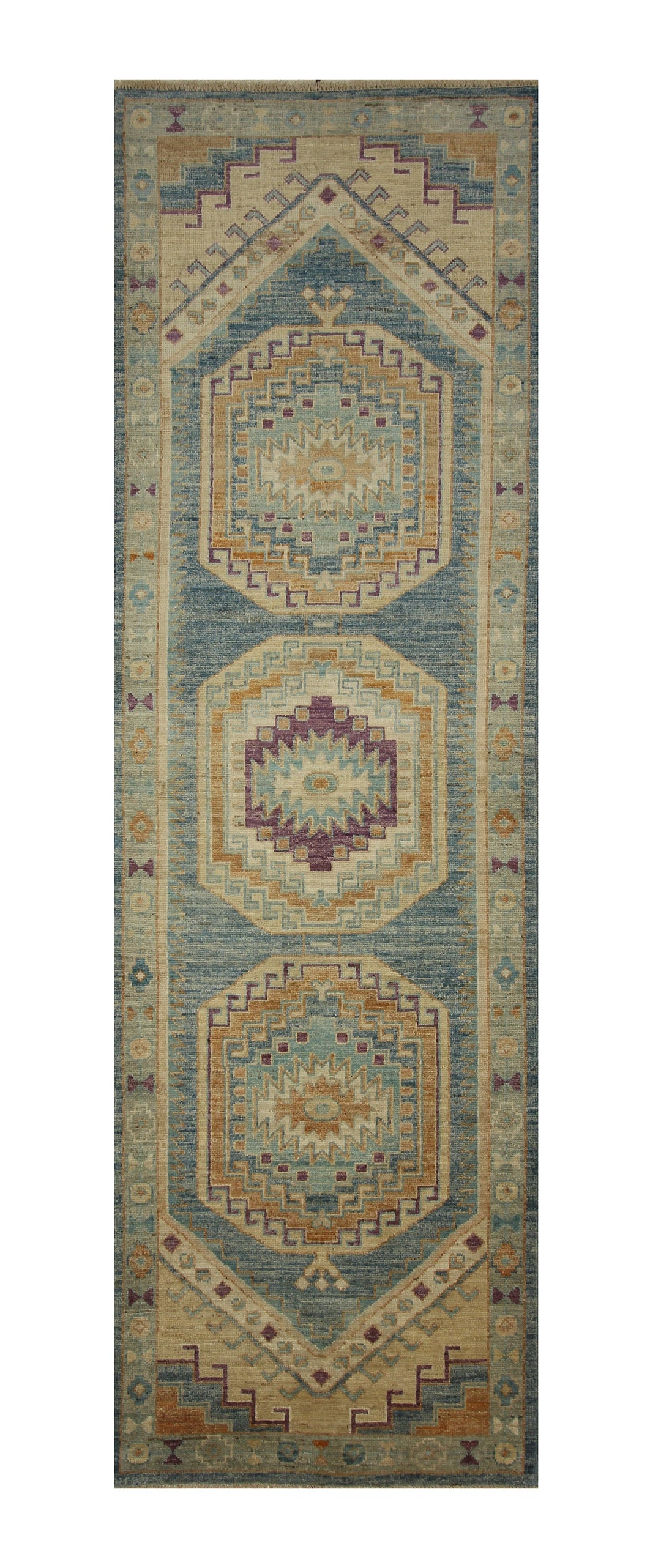 10 ft Muted Blue Oushak Hand knotted Wool Turkish Runner Rug - Yildiz Rugs