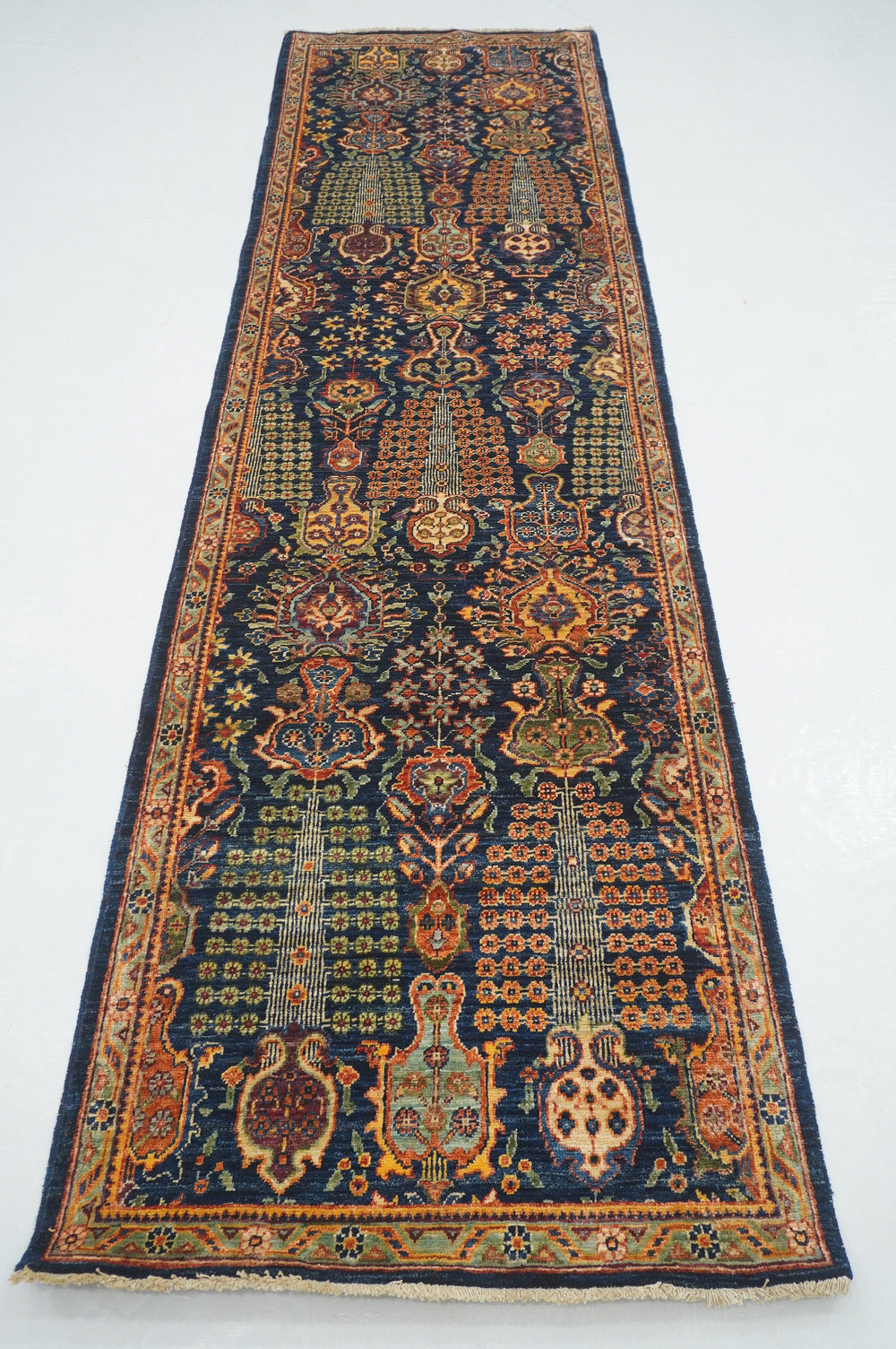 10 ft Bakhshaish Navy Blue Afghan Hand knotted Oriental Runner Rug - Yildiz Rugs