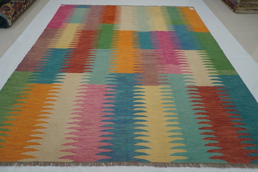 8x10 Modern Afghan Multicolor Handmade Abstract Kilim Rug - Yildiz Rugs