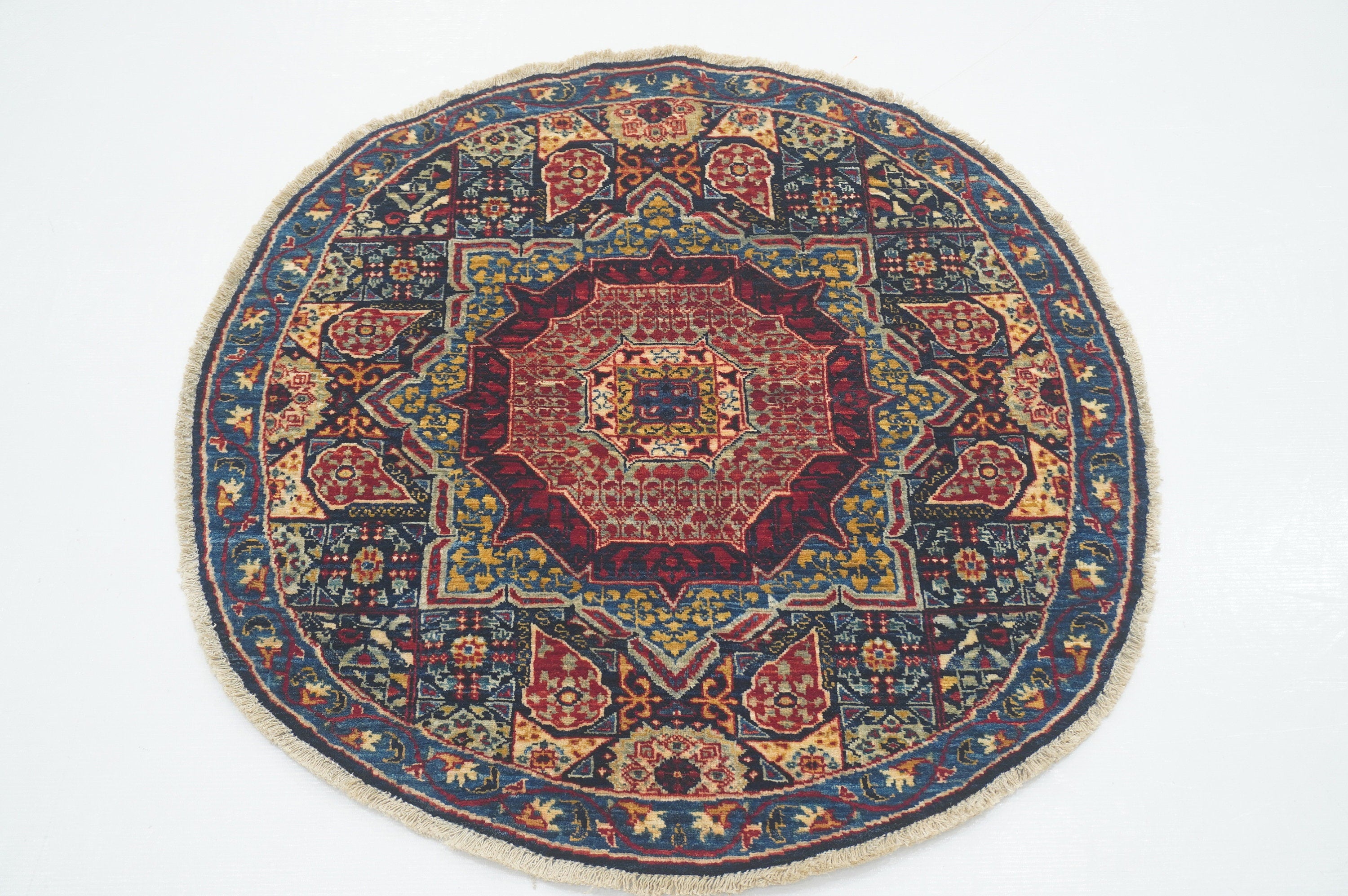 3x3 Small Navy Blue Mamluk Turkish Hand knotted Medallion Circle Rug