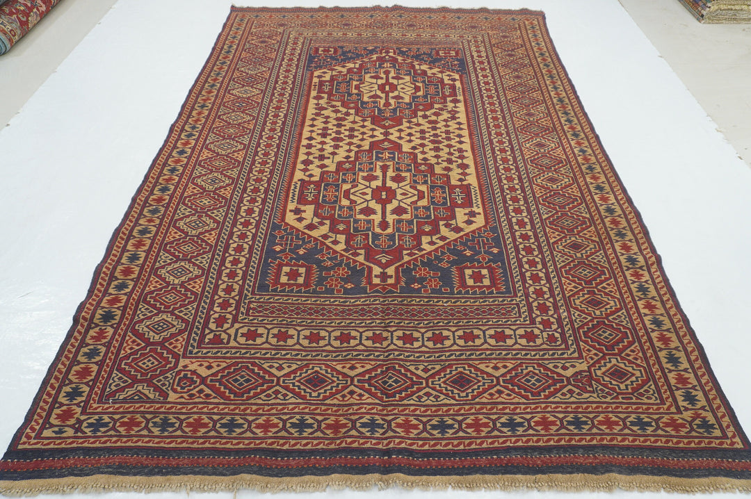 6x9 Beige Red Afghan Maleki Kilim Vintage Hand woven Flat weave Rug - Yildiz Rugs