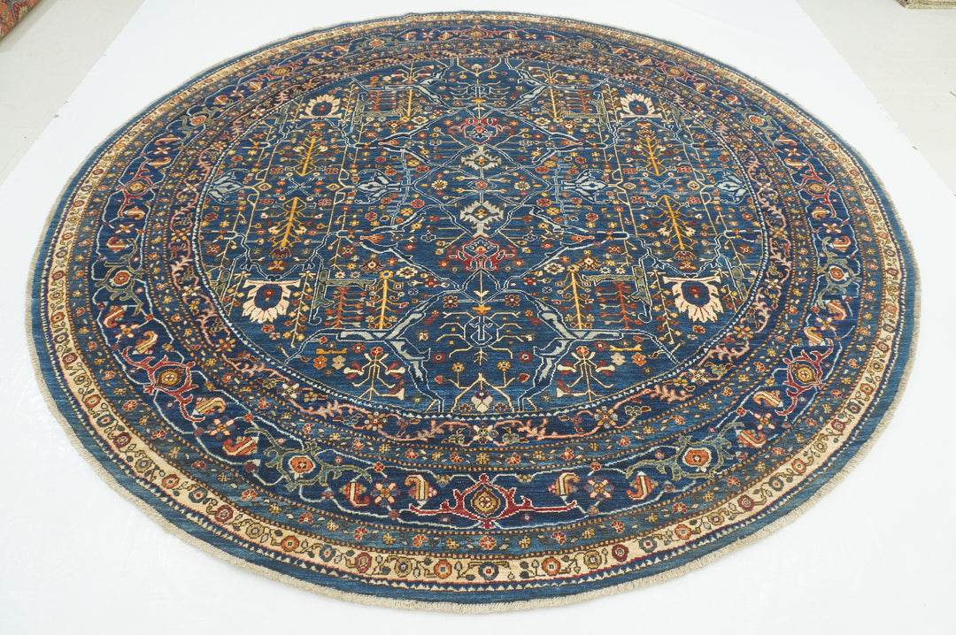 9x9 Blue Bidjar Round Afghan Hand knotted Large Circle Rug - Yildiz Rugs