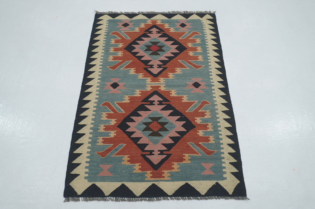Sold 3x4 Blue Afghan Hand woven Flat weave Area Rug - Yildiz Rugs