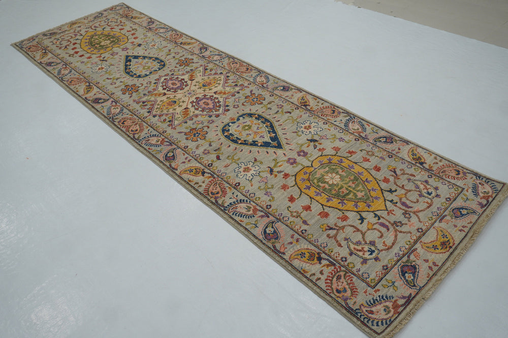 10 ft Gray Suzani Afghan hand knotted Floral Runner Rug - Yildiz Rugs