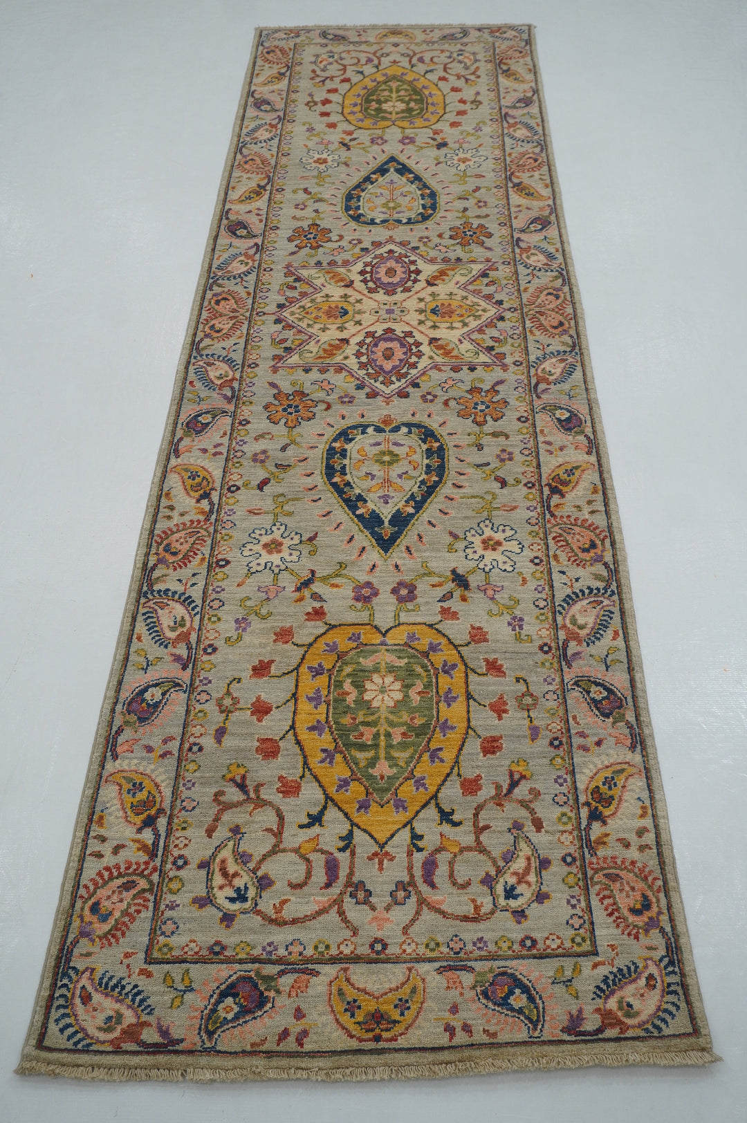 10 ft Gray Suzani Afghan hand knotted Floral Runner Rug - Yildiz Rugs