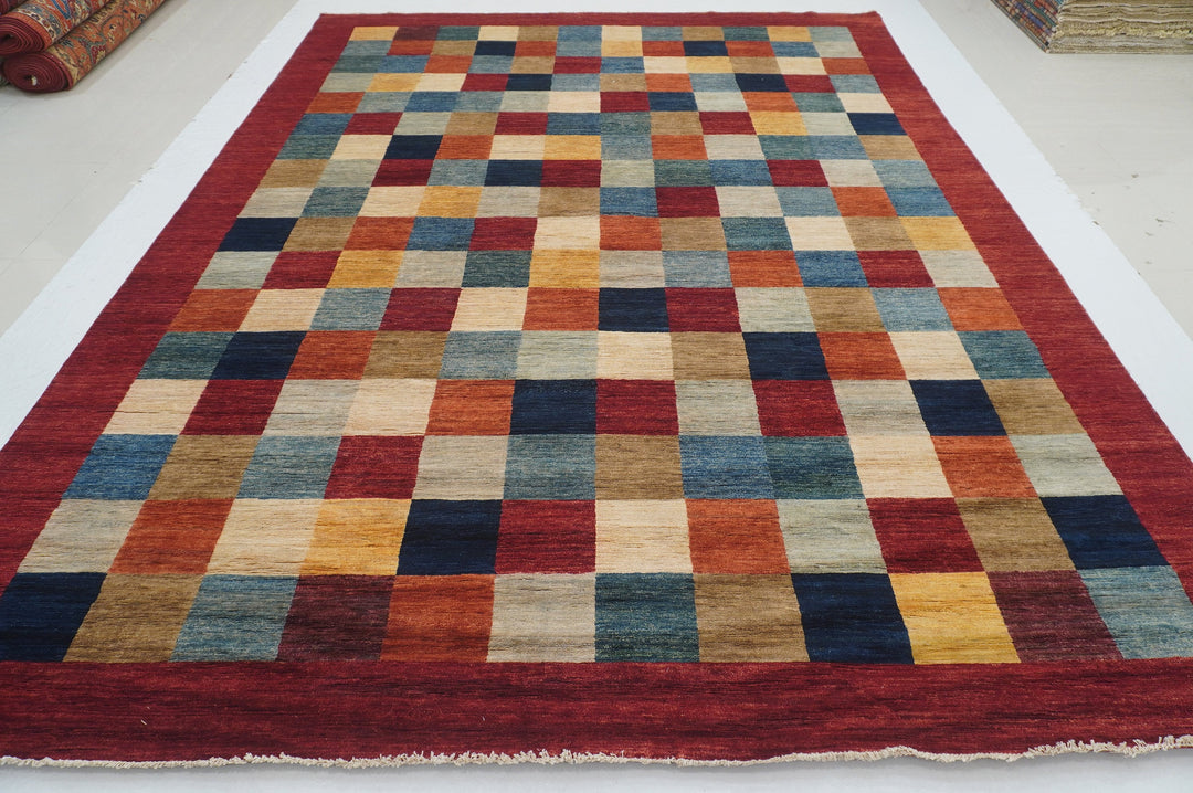9x12 Red Gabbeh Checkered Box Afghan Hand knotted Abstract Rug - Yildiz Rugs
