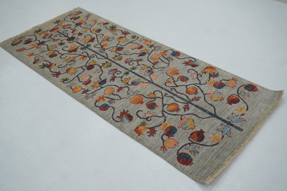 SOLD 7 ft Gray Gabbeh Pomegranate Tree of Life Hand knotted Runner Rug - Yildiz Rugs