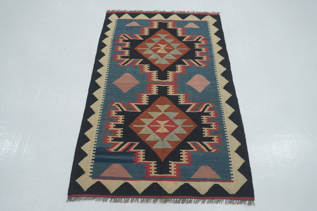 3x5 Blue Black Small Afghan Hand woven Flat weave Wool Rug - Yildiz Rugs