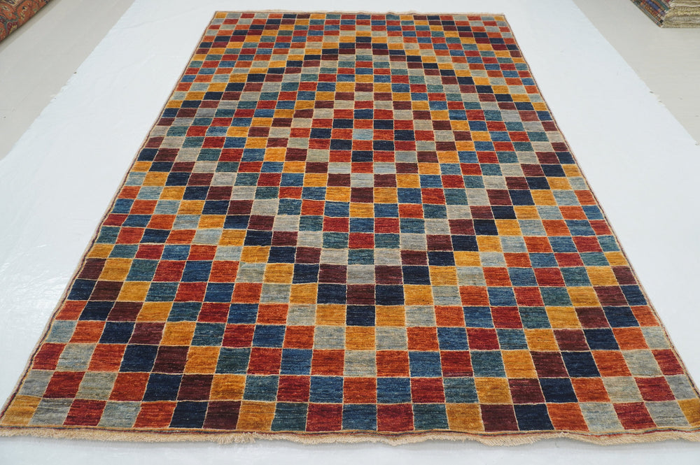 7x9 Checkered Gabbeh Multicolor Afghan Hand knotted Rug - Yildiz Rugs