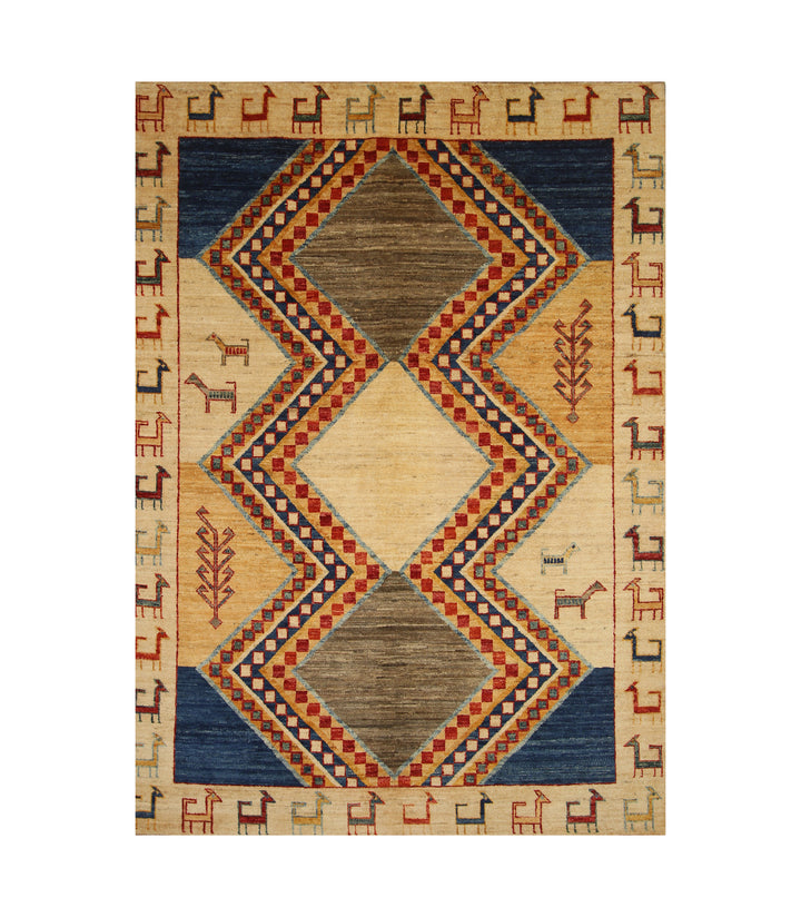 6x8 Beige Tribal Gabbeh Afghan Handmade Rug - Yildiz Rugs