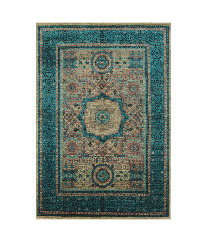 6x8 Gray Blue Mamluk Turkish Hand Knotted Geometric Medallion Rug