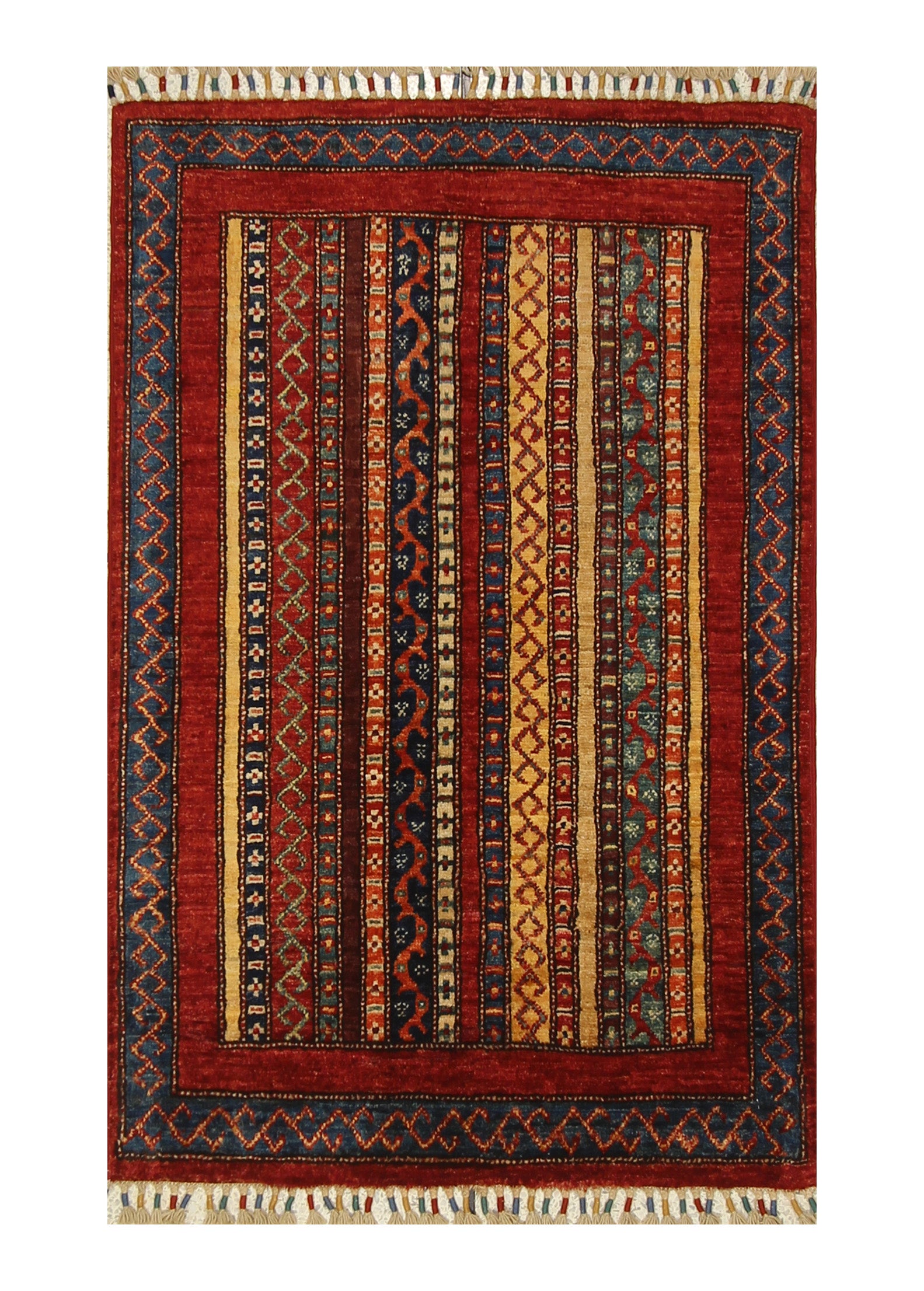 3x4 Red Turkish Striped Shawl Hand knotted Wool Rug - Yildiz Rugs