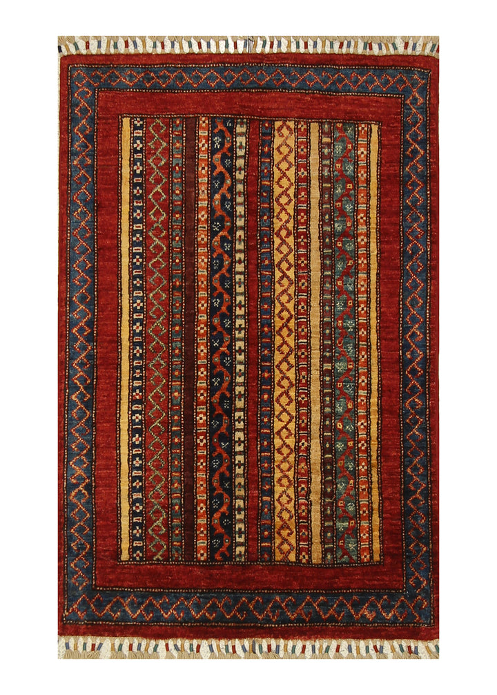 3x4 Red Turkish Striped Shawl Hand knotted Wool Rug - Yildiz Rugs