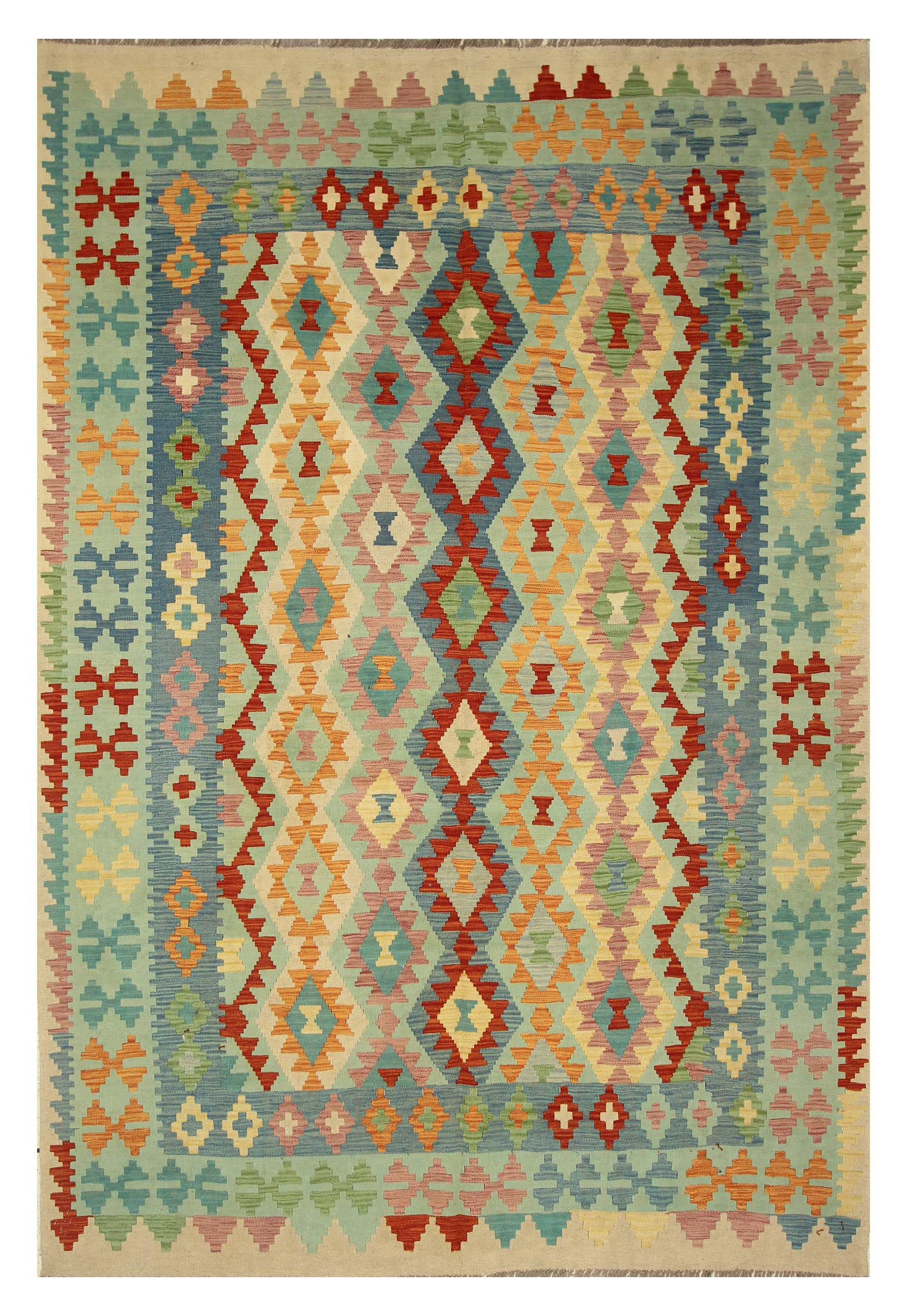 6'6"x9'8" Blue Afghan Handmade Wool Kilim Rug