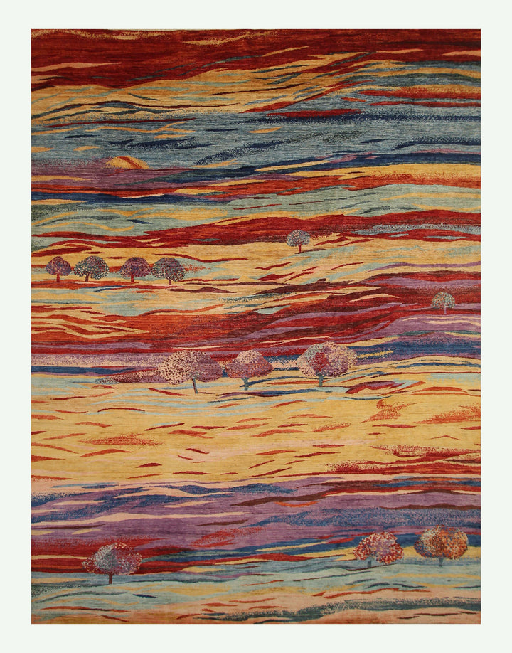 9x12 Multicolor Gabbeh Hazy sunset landscape trees Afghan Hand knotted Rug - Yildiz Rugs