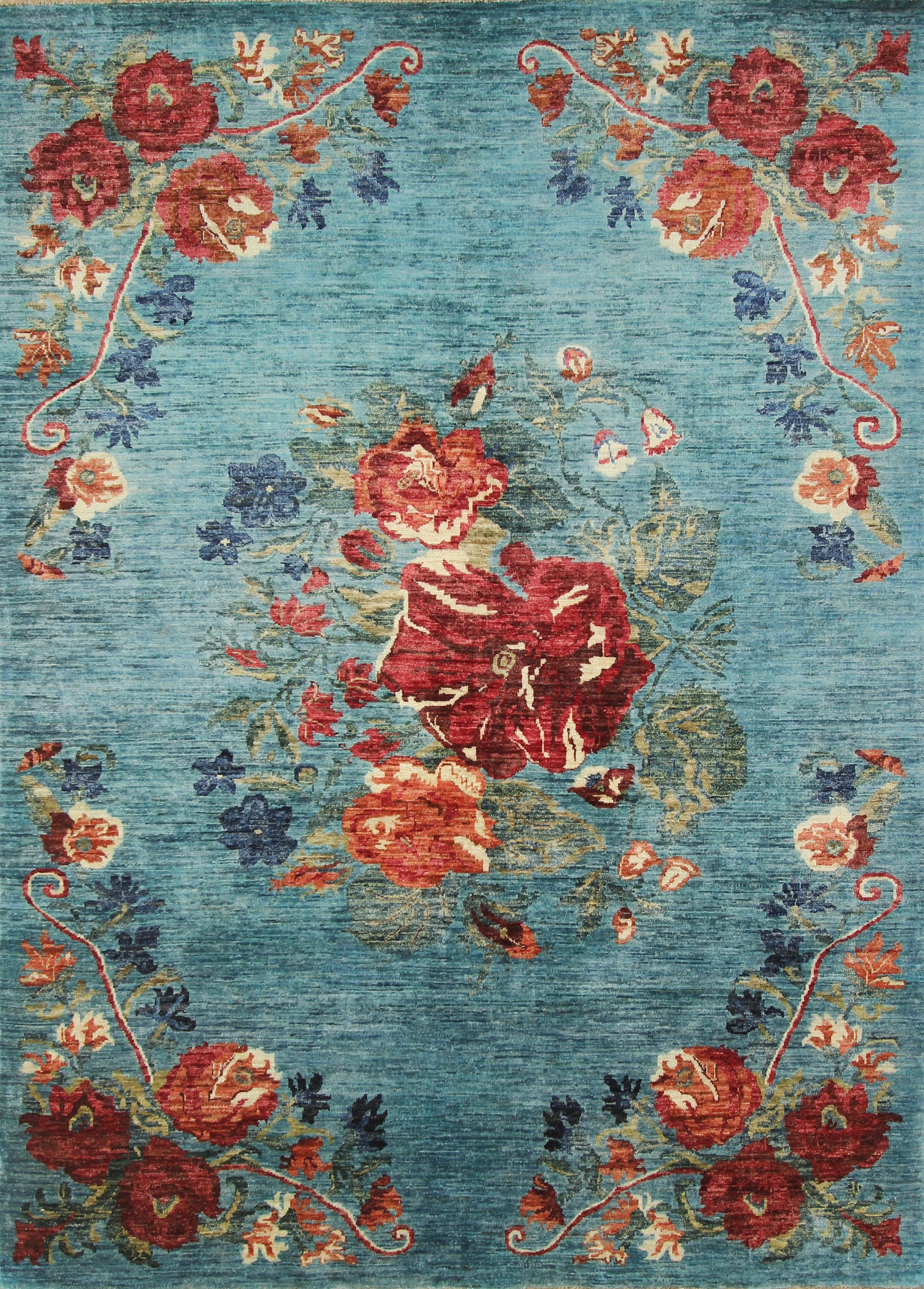 6x8 Turquoise Blue Afghan Hand-Knotted Wool Floral Rug