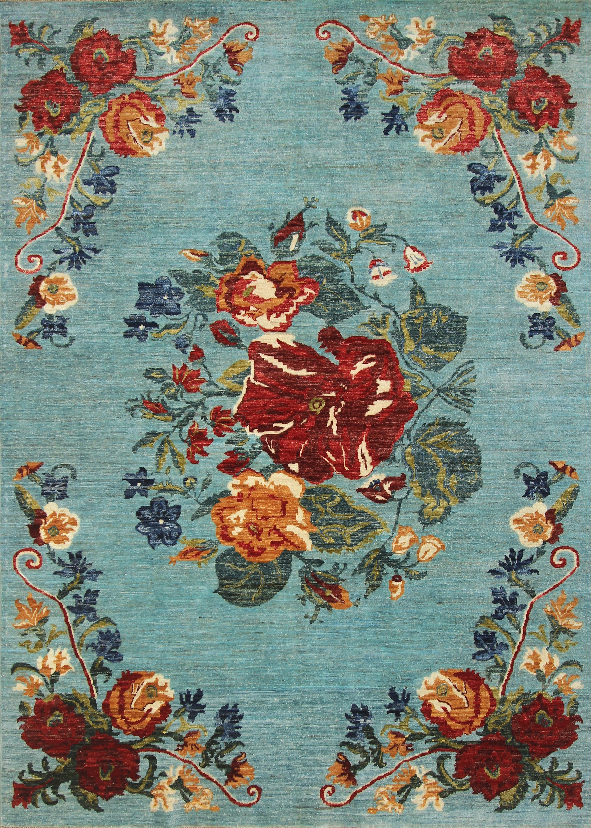 6x8 Turquoise Blue Afghan Hand-Knotted Wool Floral Rug