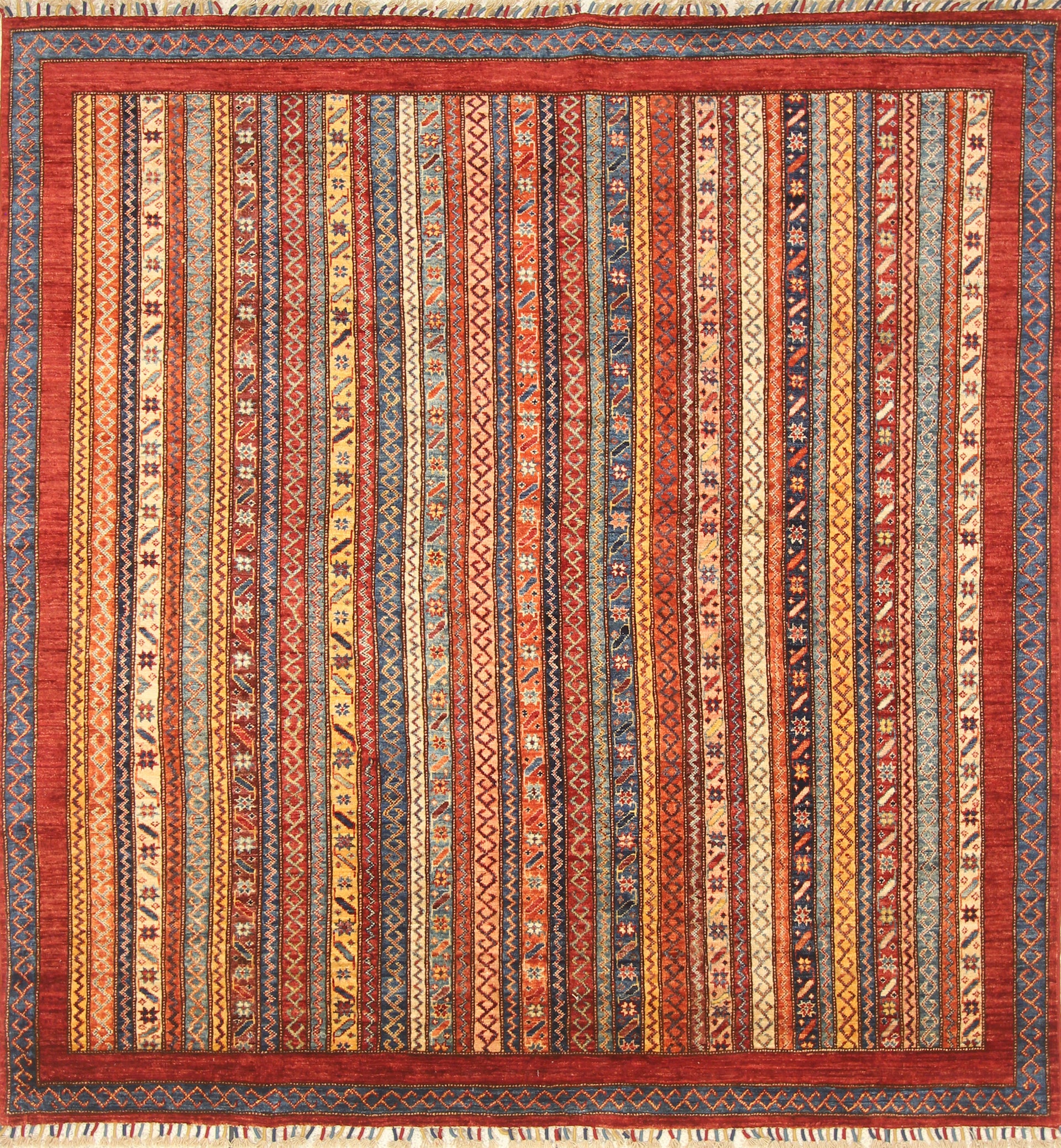 7x7 Red Afghan Hand Knotted Wool Shawl Square Rug - Yildiz Rugs