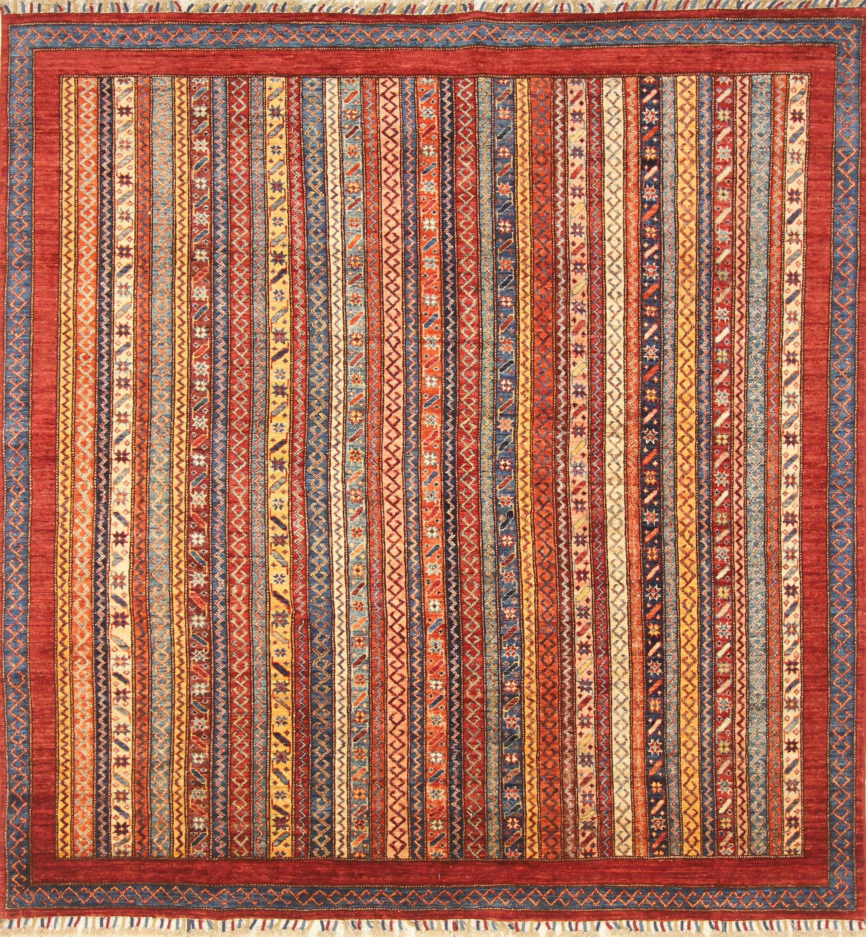 7x7 Red Afghan Hand Knotted Wool Shawl Square Rug - Yildiz Rugs
