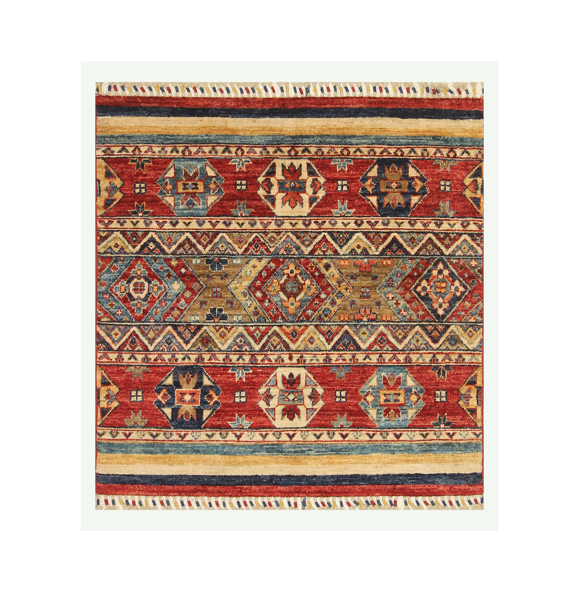 3x3 Red Tribal Afghan Handmade Square Rug