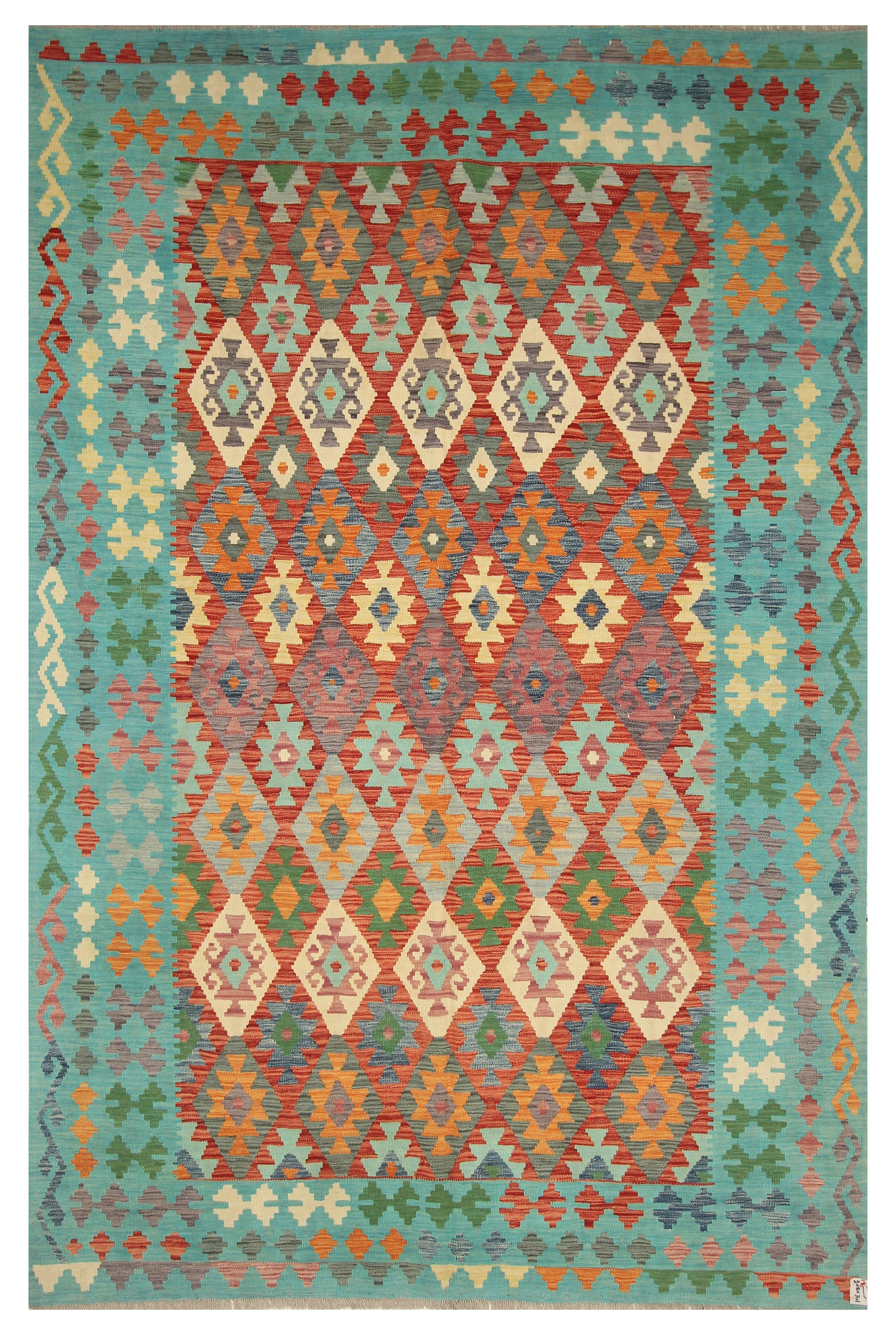 6'11"x9'9" Red Blue Handmade Afghan Wool Kilim Rug