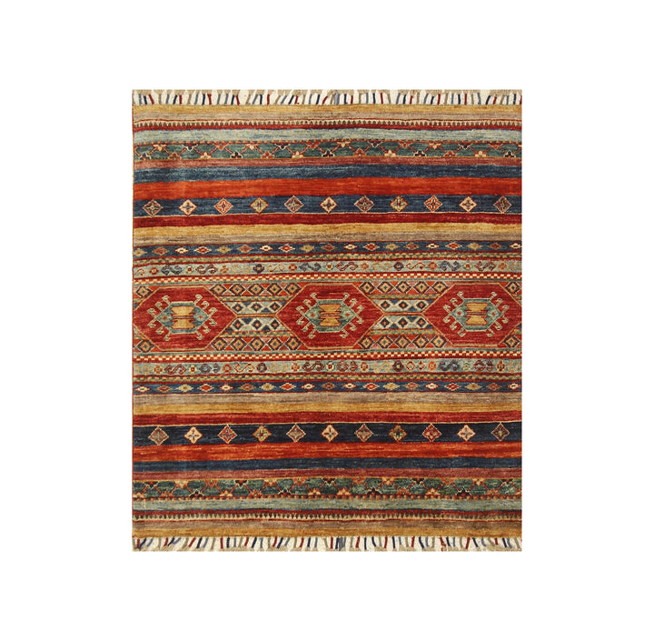 3x3 Multicolor Tribal Afghan Hand Knotted Square Rug