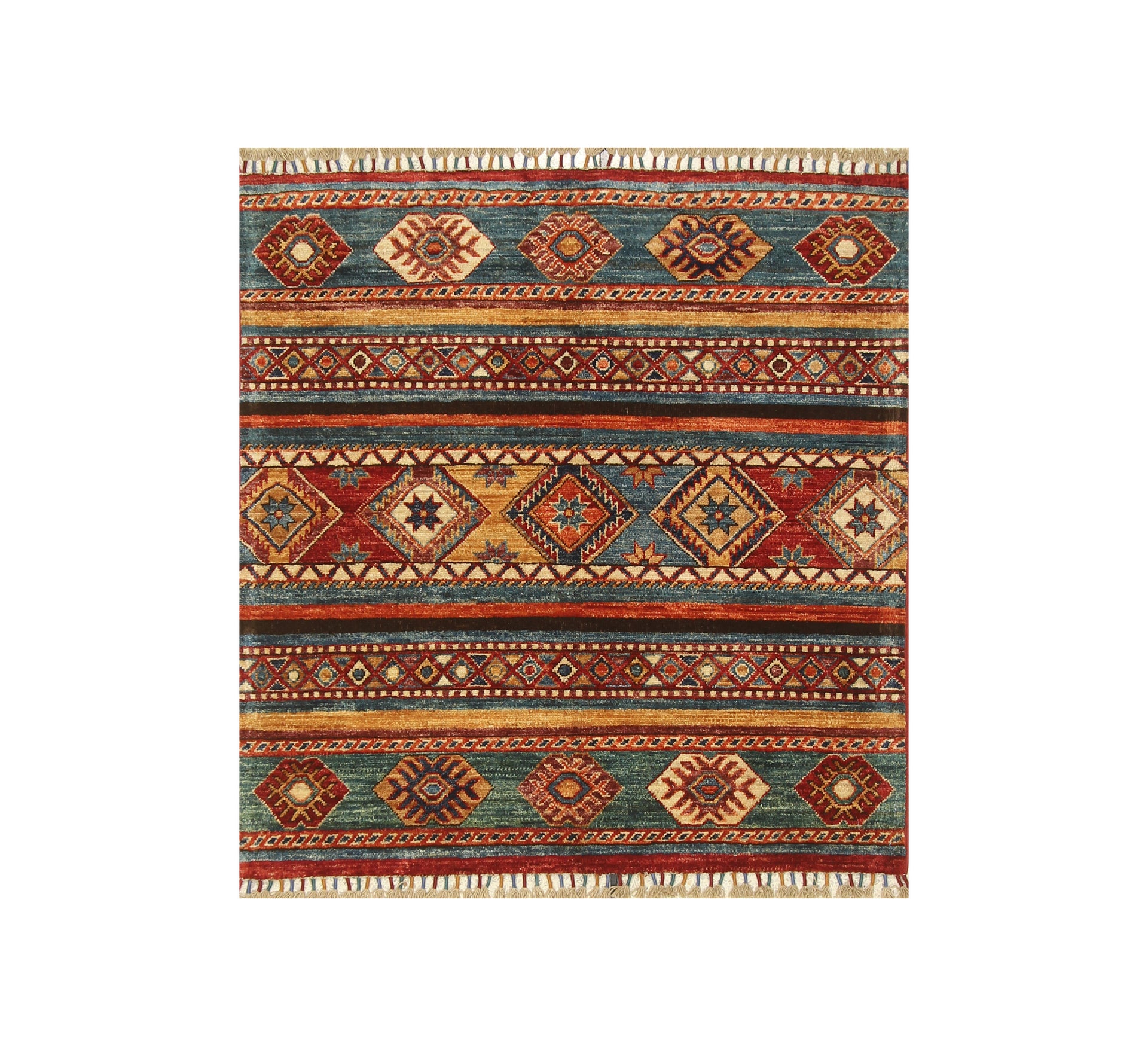 3x3 Blue Tribal Afghan Handmade Square Rug