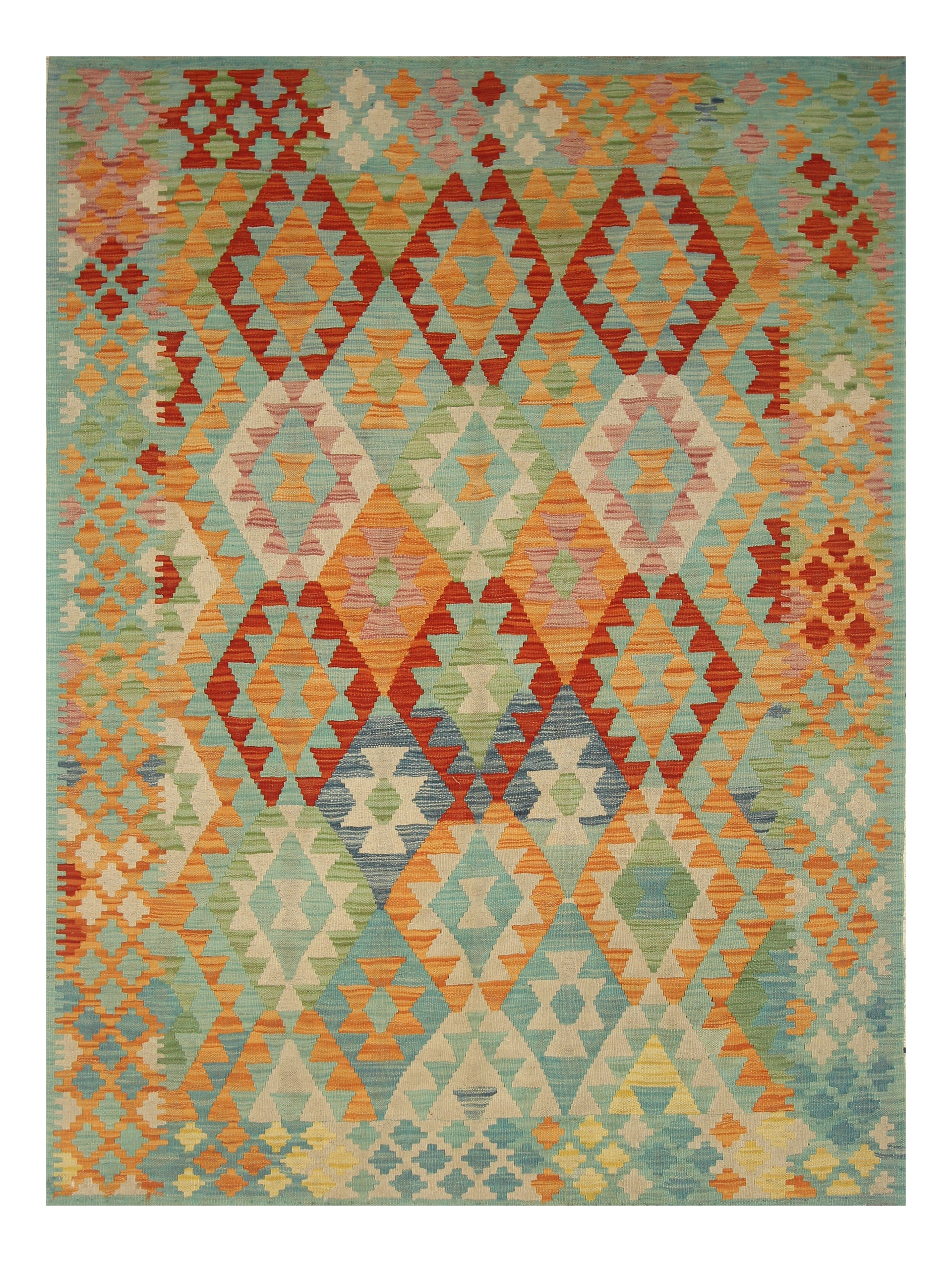 5x7 Turquoise Blue Afghan Handmade Geometric Kilim Rug