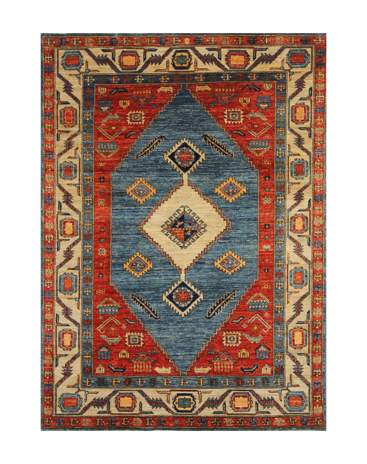 5 x 7 Blue Red Beige Serapi Afghan Hand knotted Oriental Rug - Yildiz Rugs