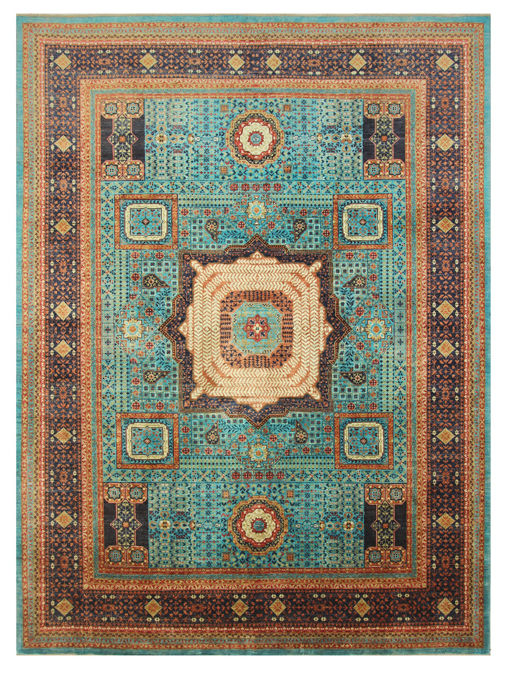 9x12 Turquoise Blue Mamluk Hand knotted Geometric Turkish Rug