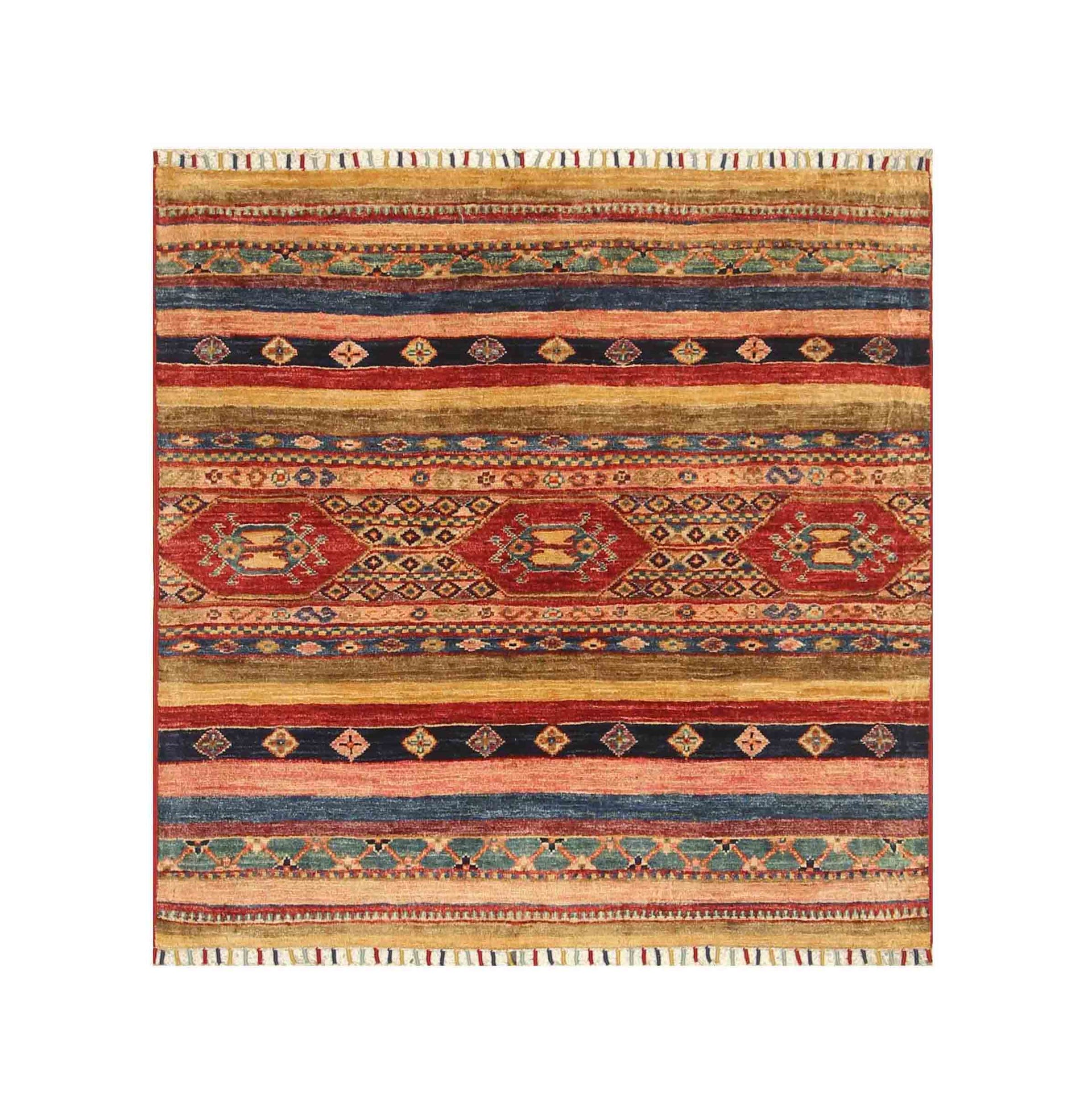 3x3 Red Tribal Afghan Hand Knotted Square Rug