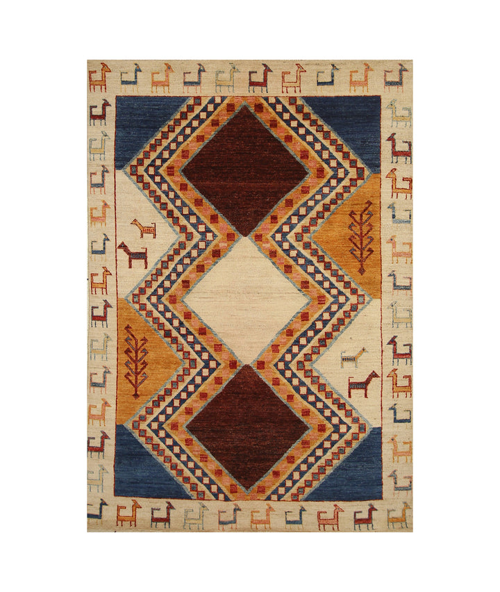 5x8 Beige Tribal Gabbeh Afghan Handmade Rug - Yildiz Rugs