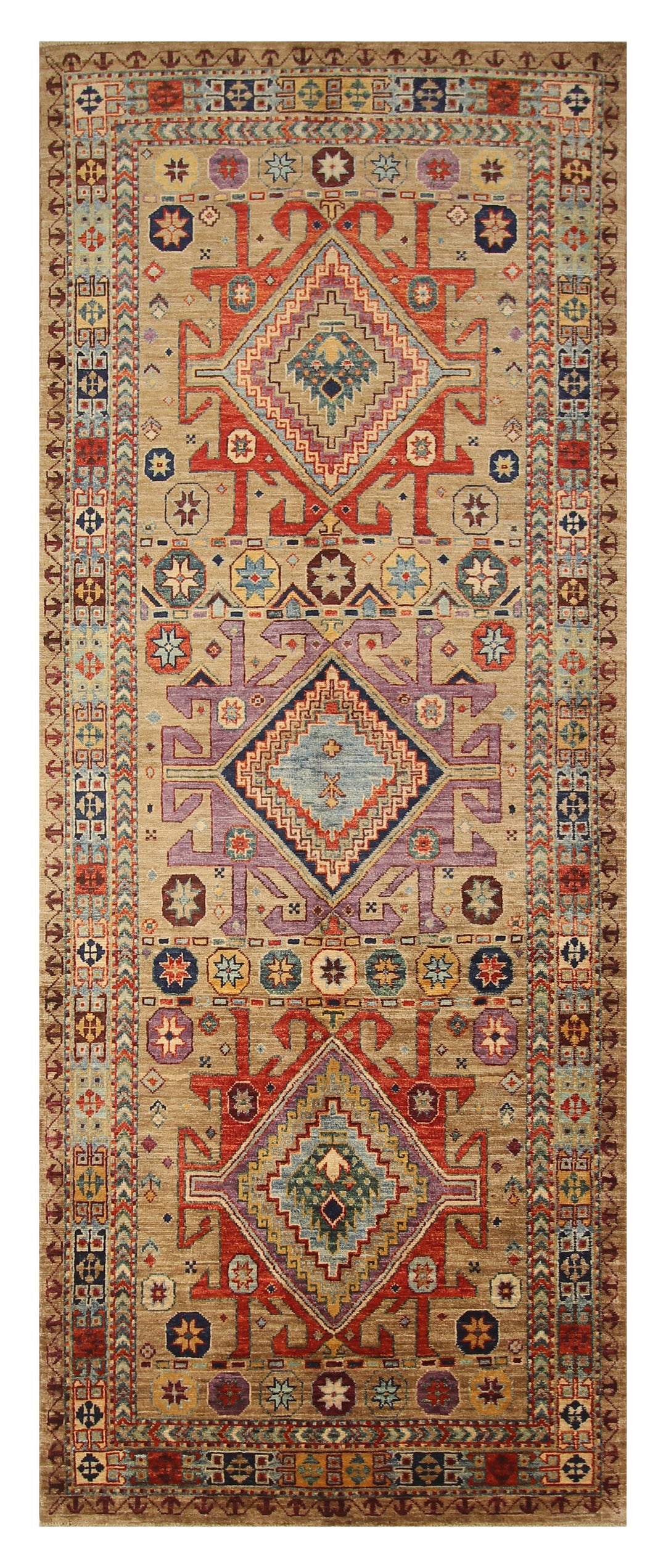 4x10 Taupe Gray Kazak Caucasian Afghan Hand knotted Wide Runner Rug - Yildiz Rugs