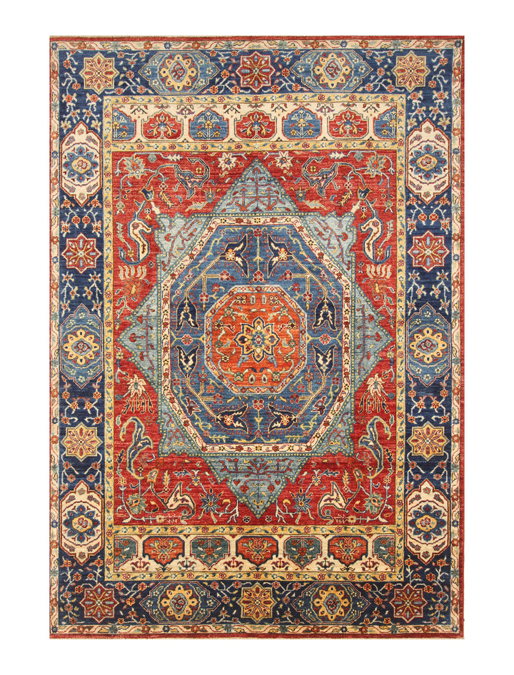 6x9 Red Blue Mamluk Turkish Hand knotted Geometric Medallion Rug - Yildiz Rugs