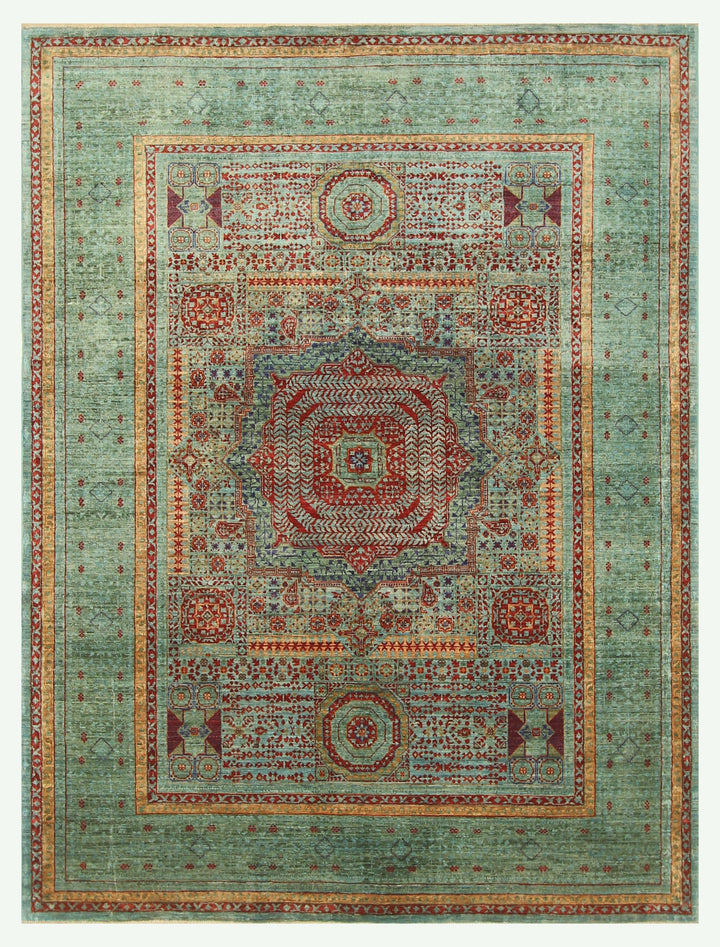 6x8 Soft Blue Green Mamluk Turkish Hand Knotted Geometric Medallion Rug - Yildiz Rugs