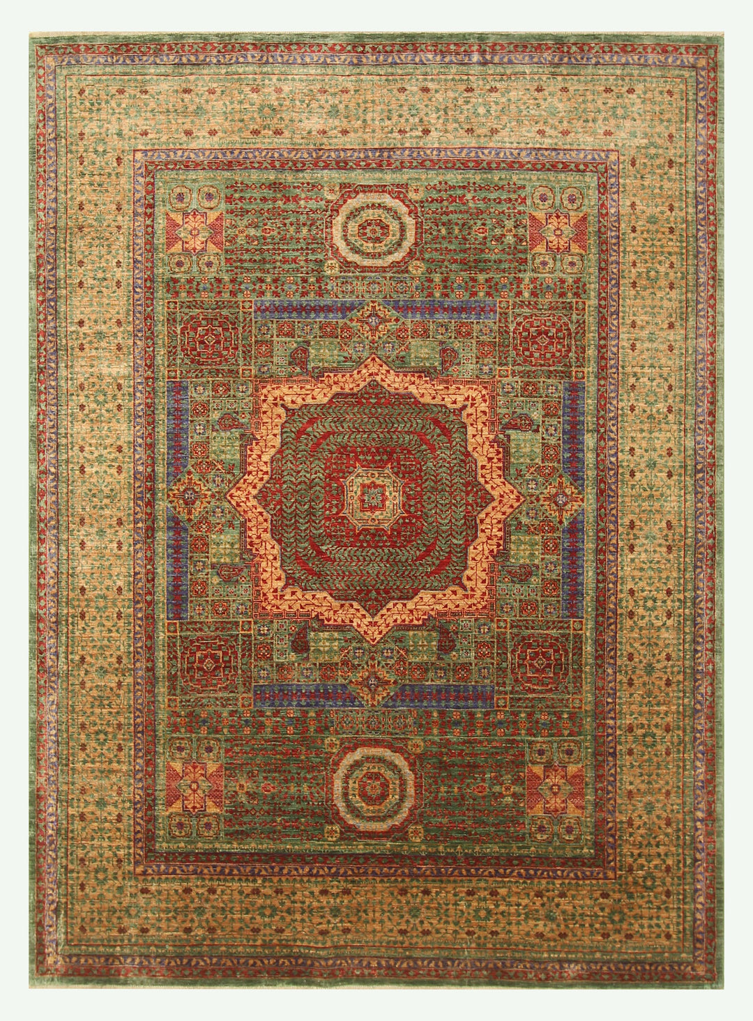 6x8 Green Mamluk Turkish Hand Knotted Geometric Medallion Rug - Yildiz Rugs