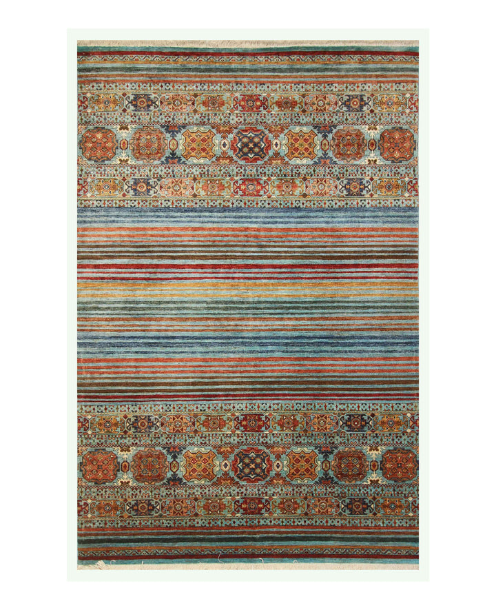 7x10 Turquoise Blue Khorjun Tribal Afghan Hand knotted Striped Rug