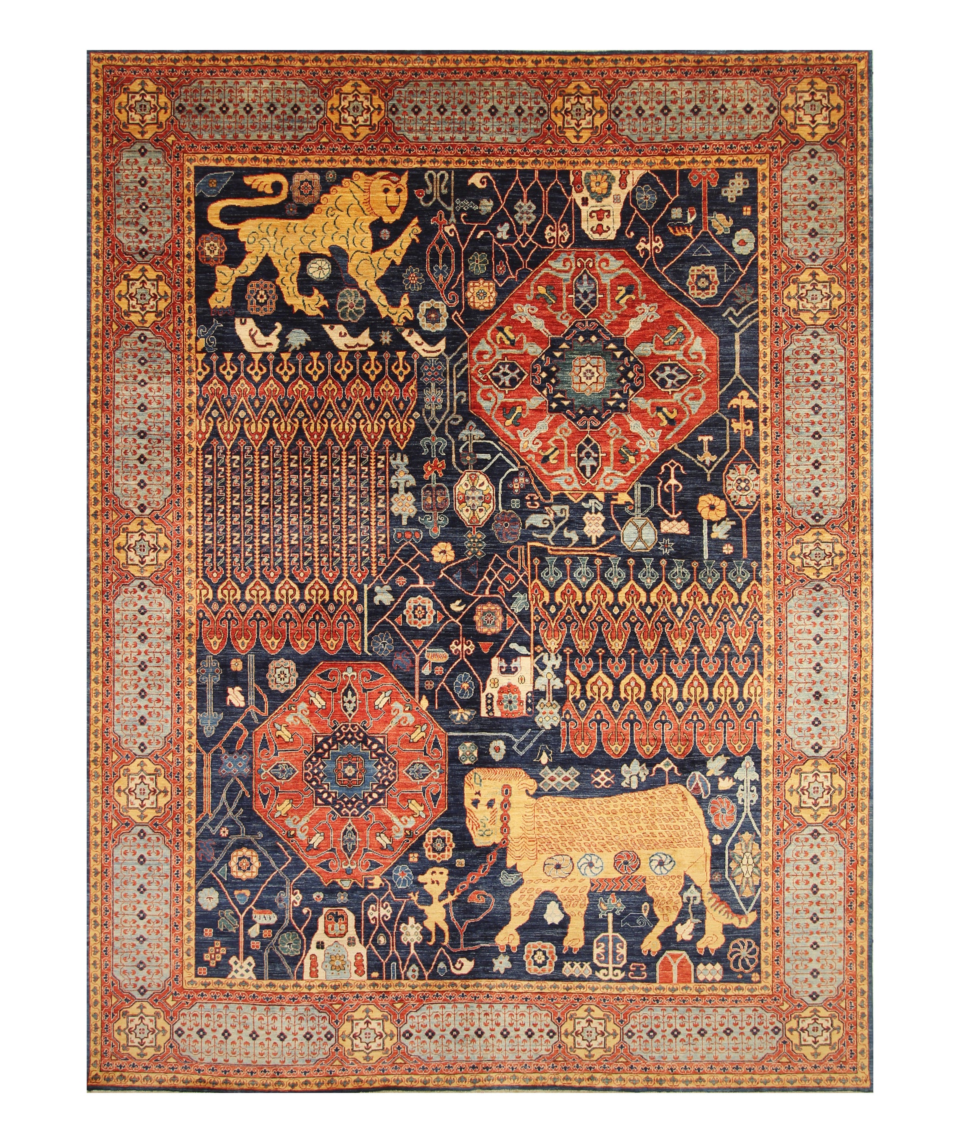 9x12 Navy Blue Tribal Lion Gabbeh Qashqai Afghan Hand Knotted Rug - Yildiz Rugs